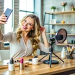 woman-podcasting-studio-with-microphone-taking-selfie-surrounded-by-beauty-products-table