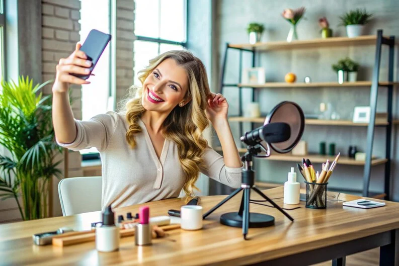 woman-podcasting-studio-with-microphone-taking-selfie-surrounded-by-beauty-products-table